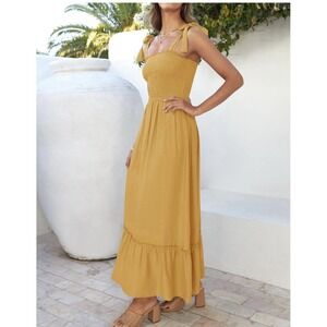 Zesica Women's Xl Boho Maxi Long Dress Smocked Mustard Yellow Gold Tie Straps
